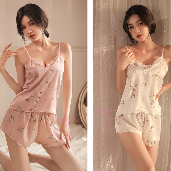 Ɛѵe Pakaian Tidur Wanita Tali Spaghetti Satin Silk Seksi Set Piyama Sleepwear Model Bunga 1306