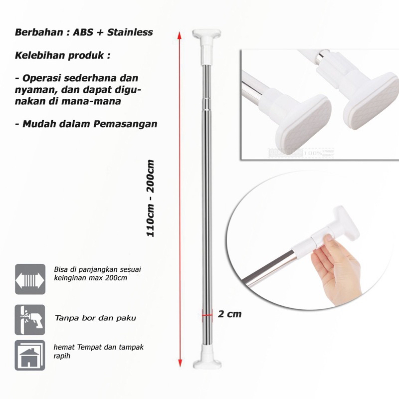 Tongkat tiang fleksibel stainles, tiang stainles jemuran , kolong dapur, multifungsi