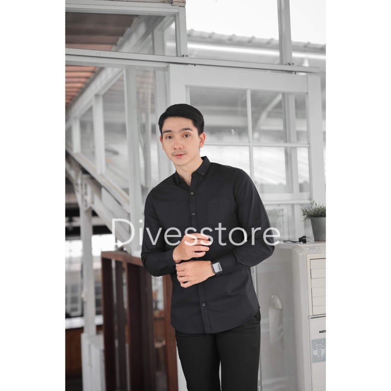 Kemeja Pria Cowok Polos Tangan Lengan Panjang HeM  Slimfit Casual Kantoran Premium Hitam Navy Putih