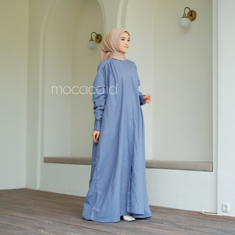 Dress gamis blue denim biru Elegan Ootd Hijabers bahan katun linen rami lengan kancing casual klasik dovey