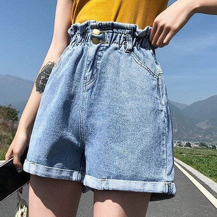 HOPYLOVY - Hot Pants Jeans Wanita Hotpants High Waist Celana Pendek Meliska Pinggang Karet Double Button