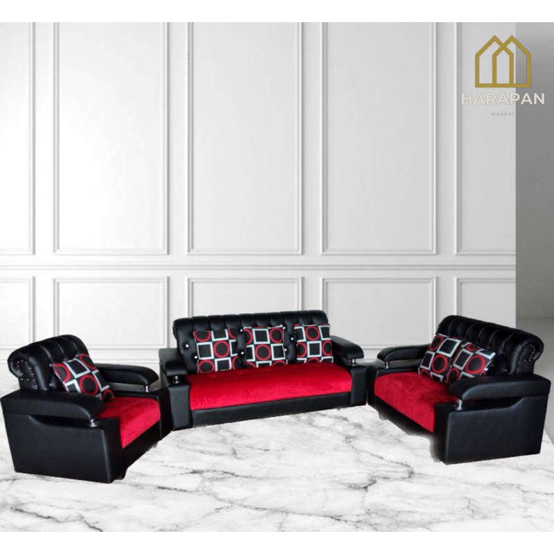 Sofa Tamu Kombinasi Kulit Oscar + Bludru