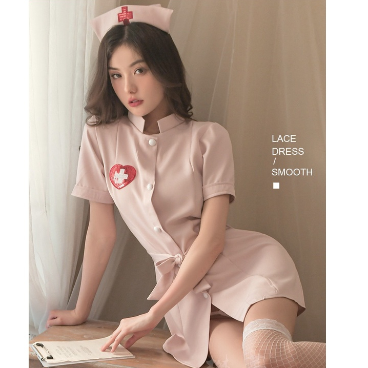 Sexy Lingerie Cosplay Seragam Perawat Polos Deep V Godaan Baju Tidur A207