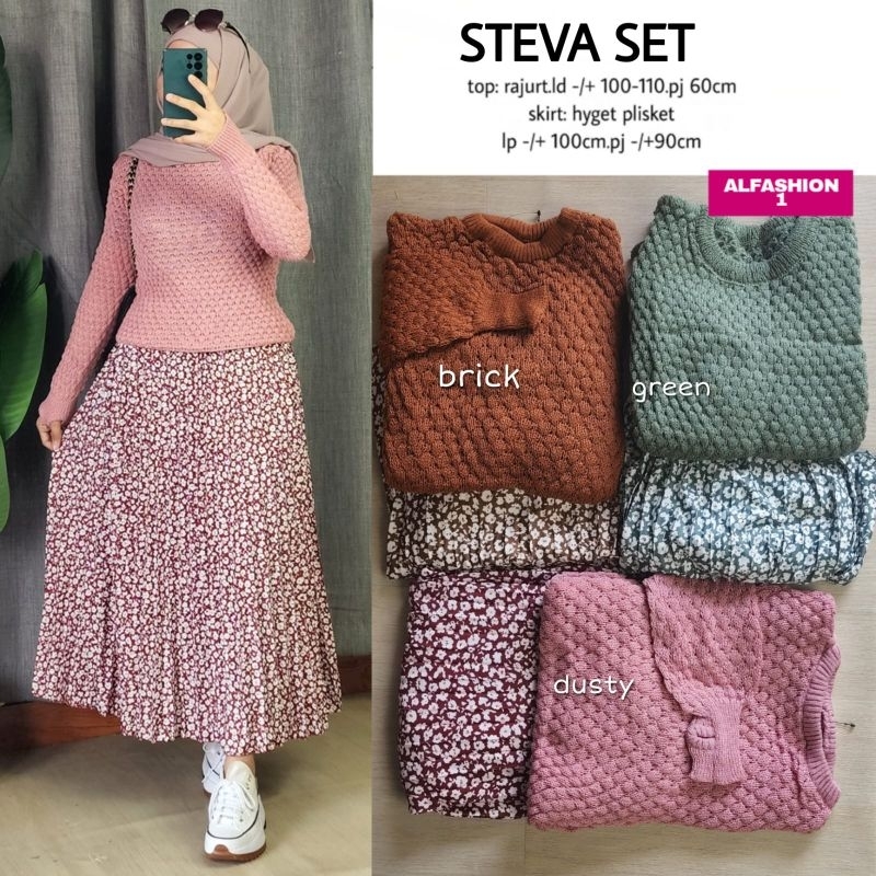 Steva Set by Al Fashion Setelan Blouse Rajut dan Rok Plisket Motif