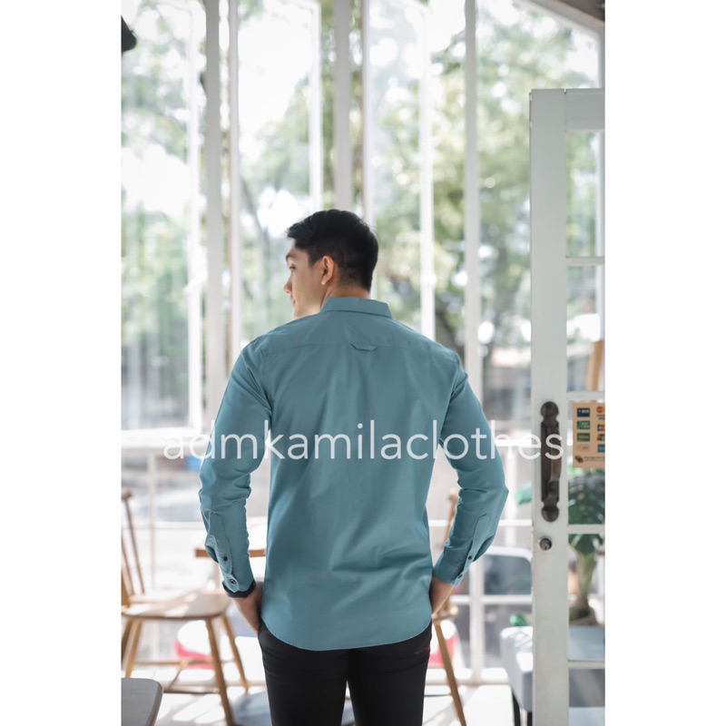 Kemeja pria cowok polos slimfit kasual basic HeM lengan panjang biru mint