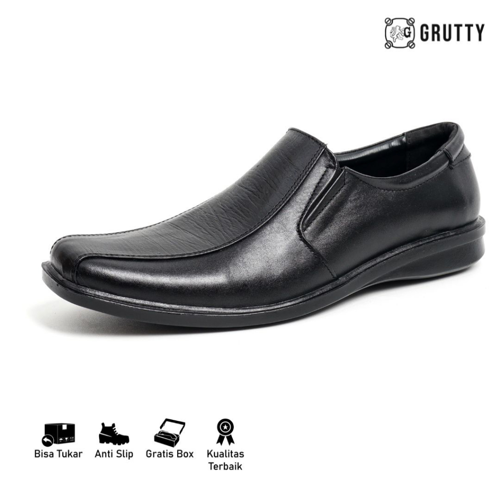 Sepatu Pantofel Pria Slip On Kulit Asli Formal Terbaru GRUTTY DC007 Hitam