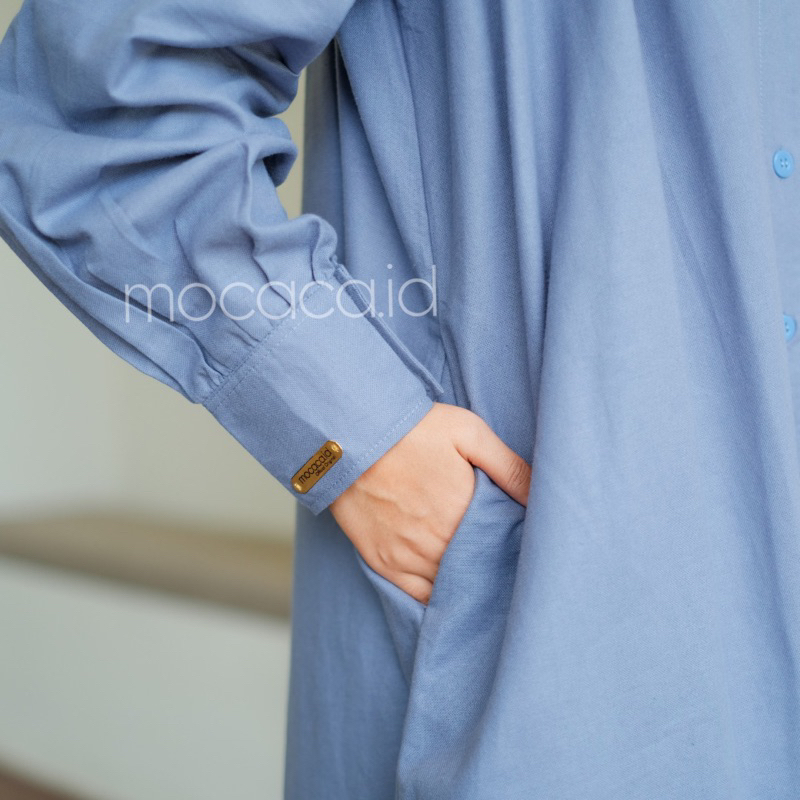 Dress gamis blue denim biru Elegan Ootd Hijabers bahan katun linen rami lengan kancing casual klasik dovey