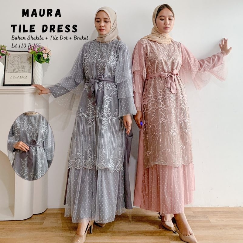 Maura Tile Dress Terbaru Gamis Brukat Dress Lebaran Dress Pesta Hijau Sage