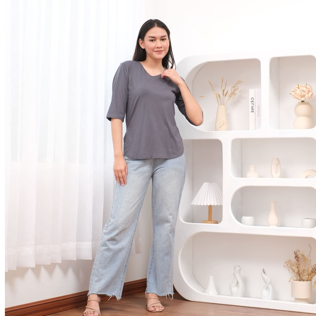 Kaos Polos V-Neck Oversize Jumbo || Loose T-Shirt Basic Belah Samping Oval