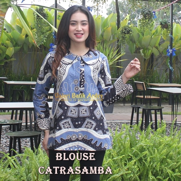 Blouse Catrasamba Blouse Batik Wanita Premium Blouse Kantor Blouse Kerja Bahan Katun Primisima Atasan Batik Wanita Modern Blouse Batik Wanita Lengan Panjang Warna HItam Kombinasi Warna Biru