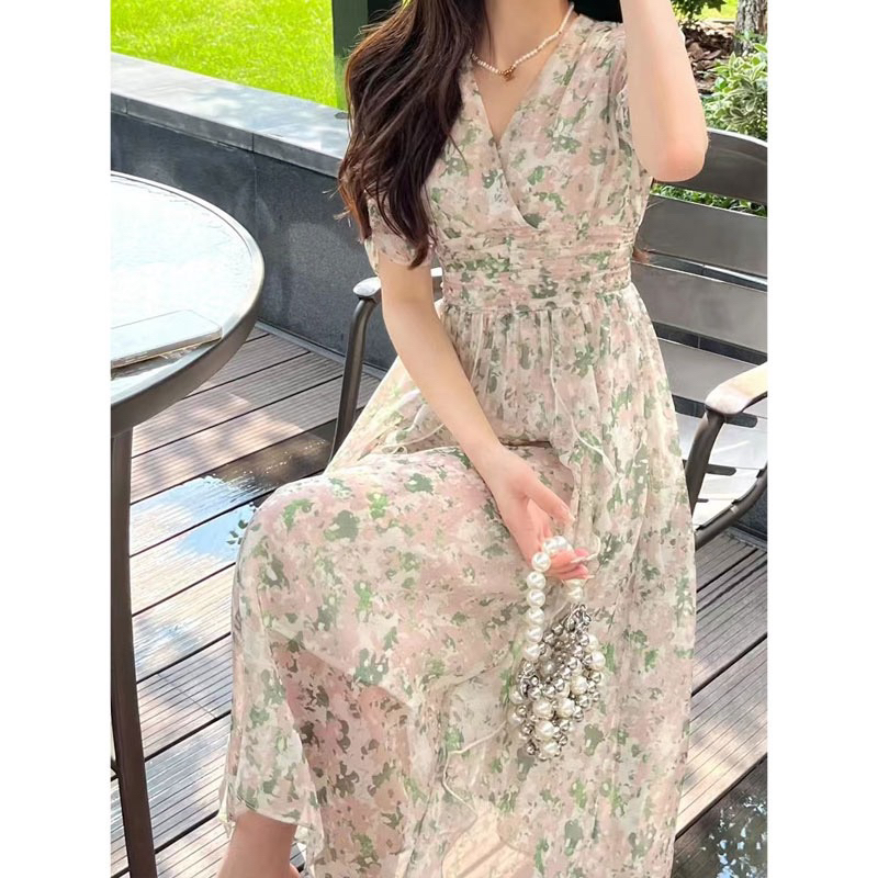 Dress Slim Waist Green Flower Dress M323
