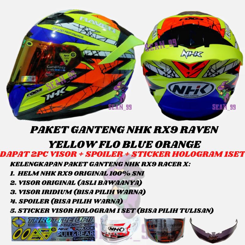 HELM NHK RX9 RACER X NINE RAVEN YELLOW FLO BLUE ORANGE FLAT VISOR DOUBLE VISOR FULL FACE ORIGINAL SN