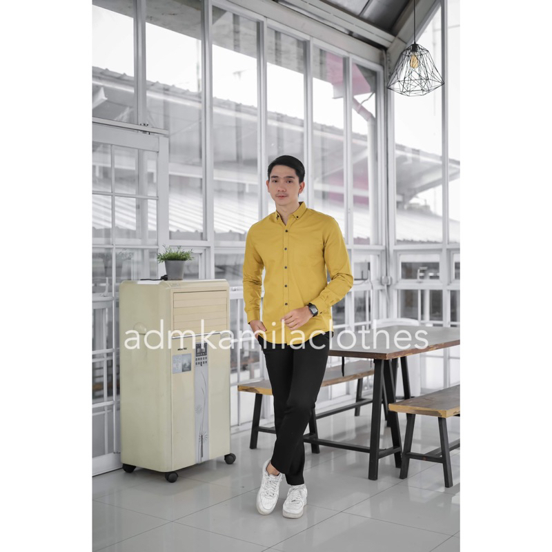 Kemeja pria cowok polos slimfit kasual basic HeM lengan panjang lemon lime