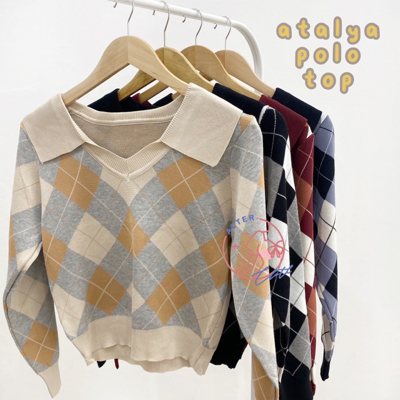 alter.cloth - ATALYA POLO TOP | Atasan Wanita Lengan Panjang Kerah Argyle Ketupat Premium Knit Rajut