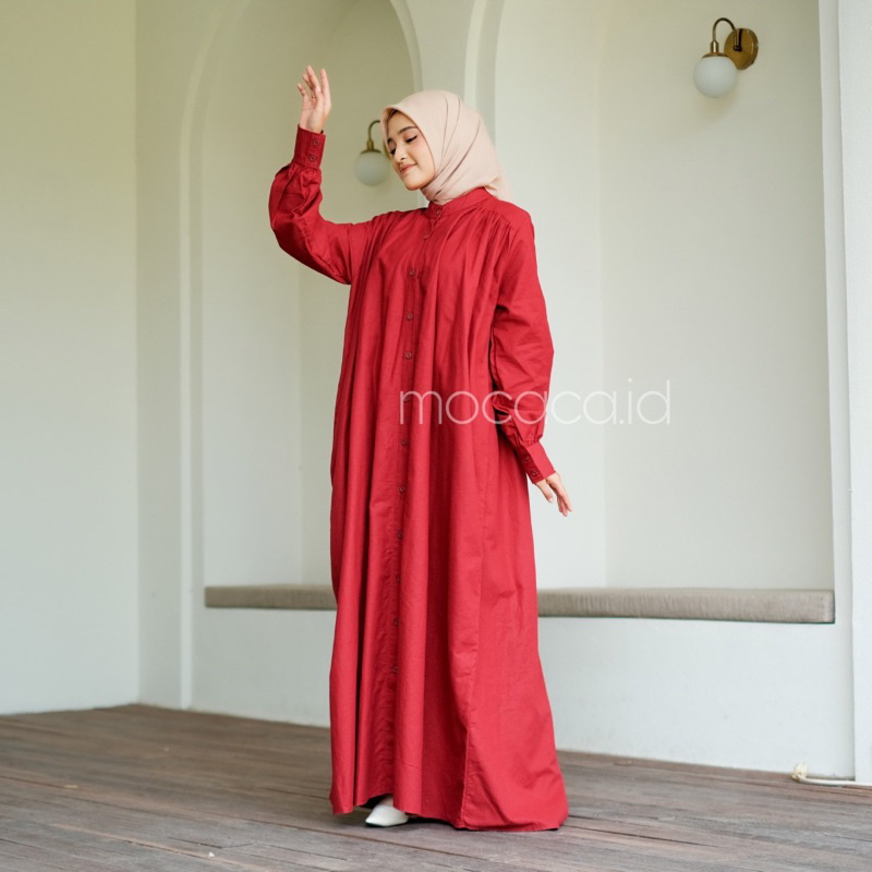 Dress gamis merah maroon Elegan Ootd Hijabers bahan katun linen rami lengan kancing casual klasik dovey