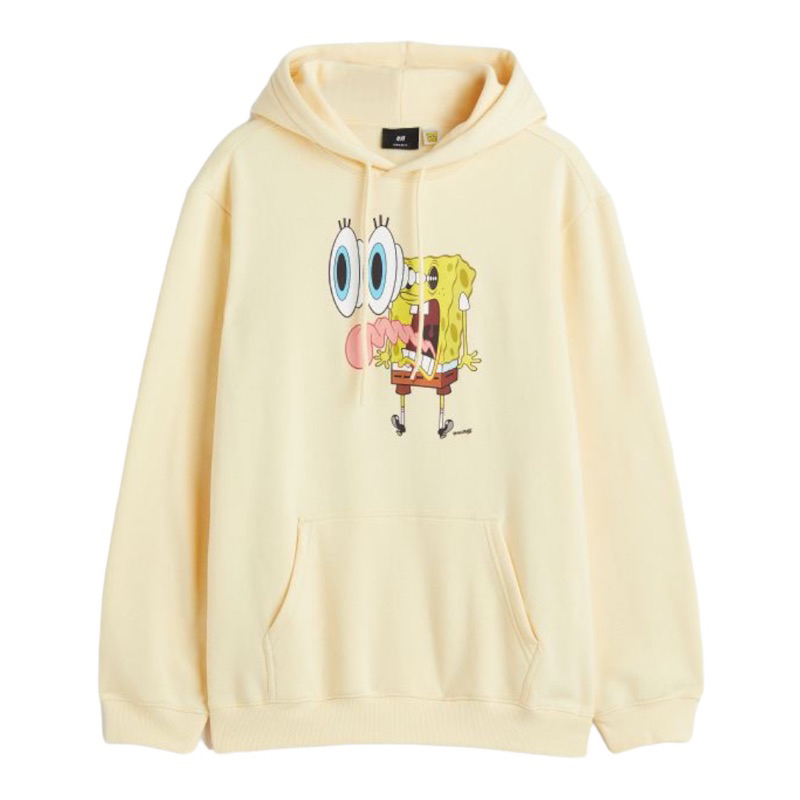 ( 8.8 ) Hoodie H&amp;M Unisex Sablon Spongebob Squarepants Light Yellow Kuning, Flecee Katun Lembut Tebal, Free Papperbag