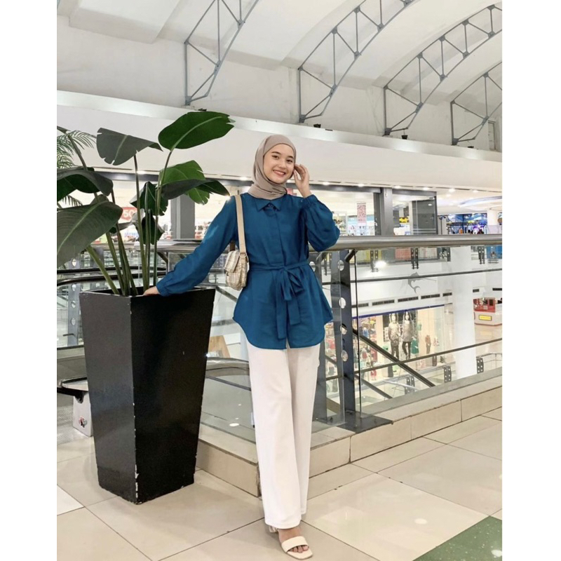 Tamstore Kemeja Wanita Basic Linen Blouse Kemeja Polos Variasi Tali Purry Shirt