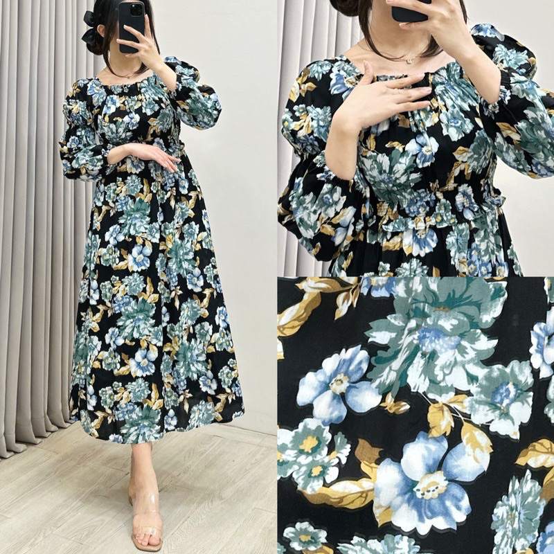 Daster Dress ZUYYIN Dress Smoke Kerut Sabrina Rayon Motif