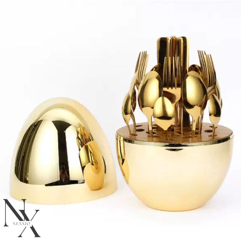 NEXXIO Egg Spoon Gold / sendok emas telor / Sendok Sultan Gold / cutlery set / Peralatan Makan Gold Silver /sendok gold / Sendok makan pakai tutup / sendok emas viral / telor emas