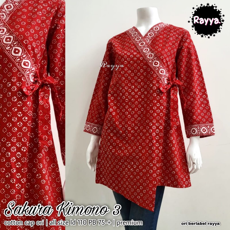 Sakura Atasan Blouse Batik Kimono Wanita Modern Jumbo Ld 110cm Lengan Panjang Bahan Katun Cap