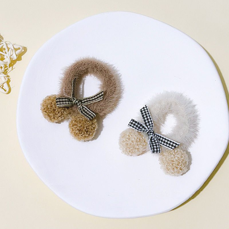 Ikat Rambut Anak Korea Model Pompom Bulu Lembut Aksen Pita / Kuncir Rambut Ponytail Anak Korean Faux Fur Hair Ties