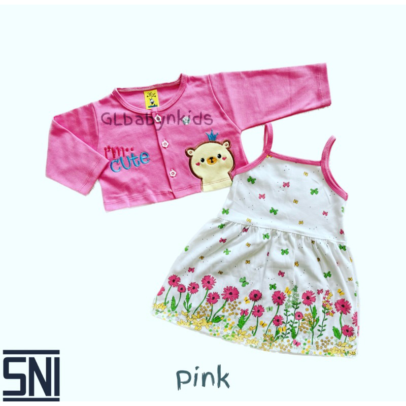 Dress 2in1: Dress Tanktop Bayi &amp; Cardigan Bordir Bear All Size 6-12 Bulan Katun SNI