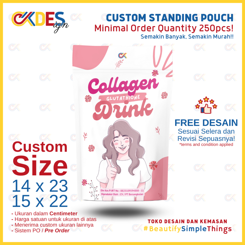 Kemasan Standing Pouch Custom Full Printing FREE Design Uk. 14x23cm