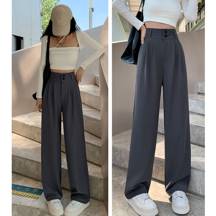 Abu-abu Celana Setelan Wanita Korean kekinian Highwaist Loose Celana Panjang Wanita  (Ada karet)