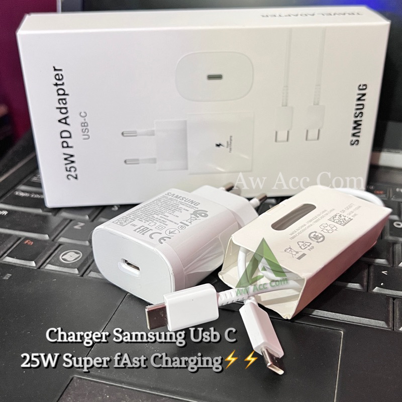 CHARGER SAMSUNG 25W USB C TO C PD FAST CHARGING TYPE C 25WATT M22 M23 A23 A33 A53 A52 A52S S20 S21 FE A71/A72/ NOTE 9/10/20