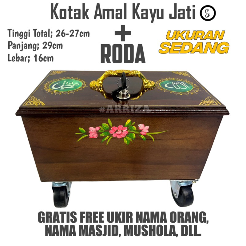 KOTAK AMAL + RODA /  KOTAK AMAL RODA KAYU JATI KOTAK INFAQ + RODA / CELENGAN / KOTAK DONASI + RODA / TEMPAT PENYIMPANAN UANG Ukuran Sedang