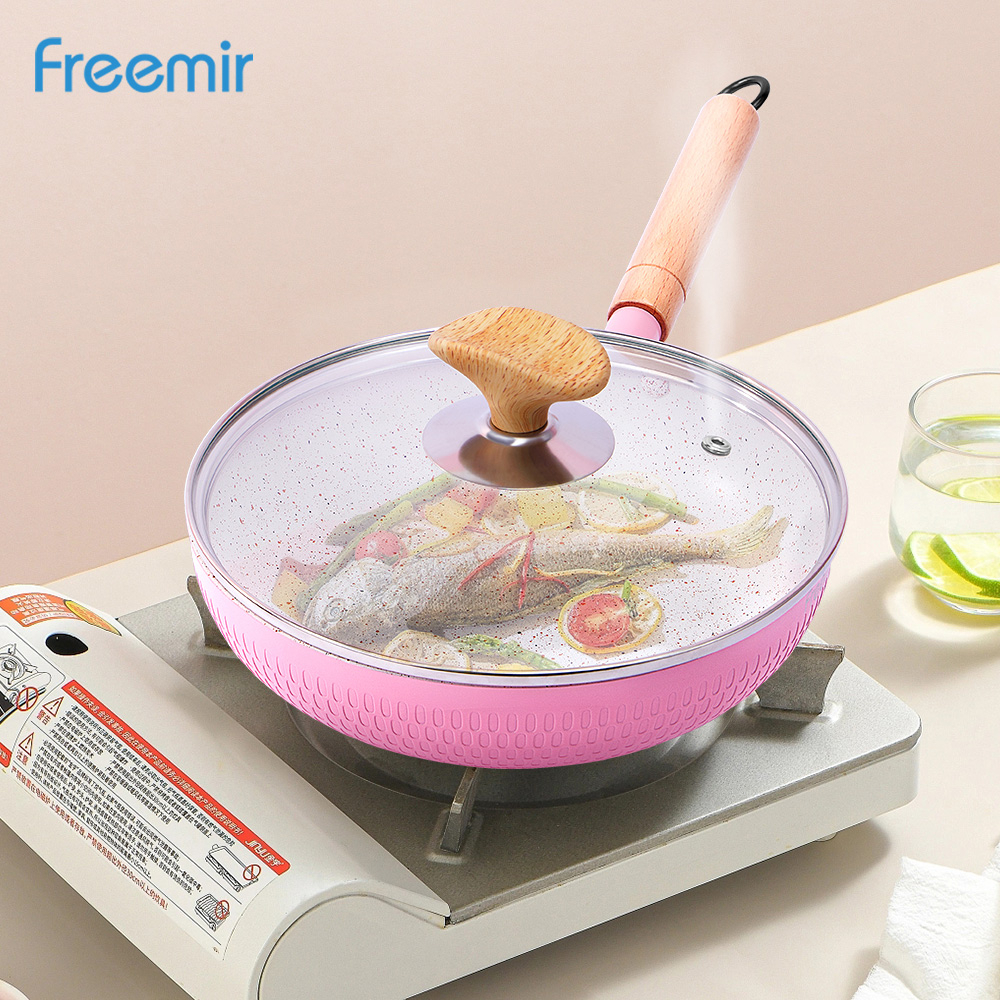 WAJAN PENGGORENGAN 20 CM ANTI LENGKET PINK TUTUP KACA FRYING PAN