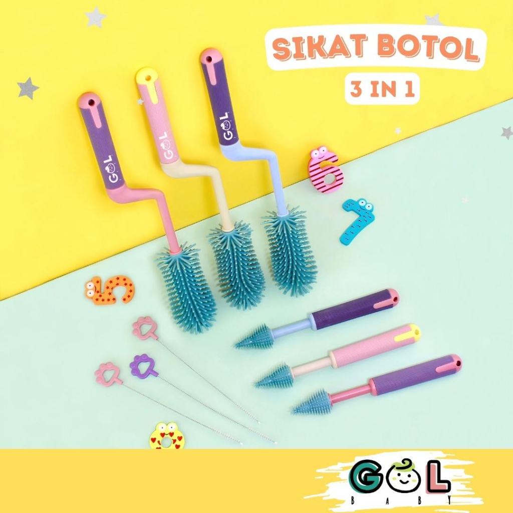 GOL Baby Set 3 in 1 Sikat Botol Bayi Silikon Bottle Nipple Straw Silicone Brush