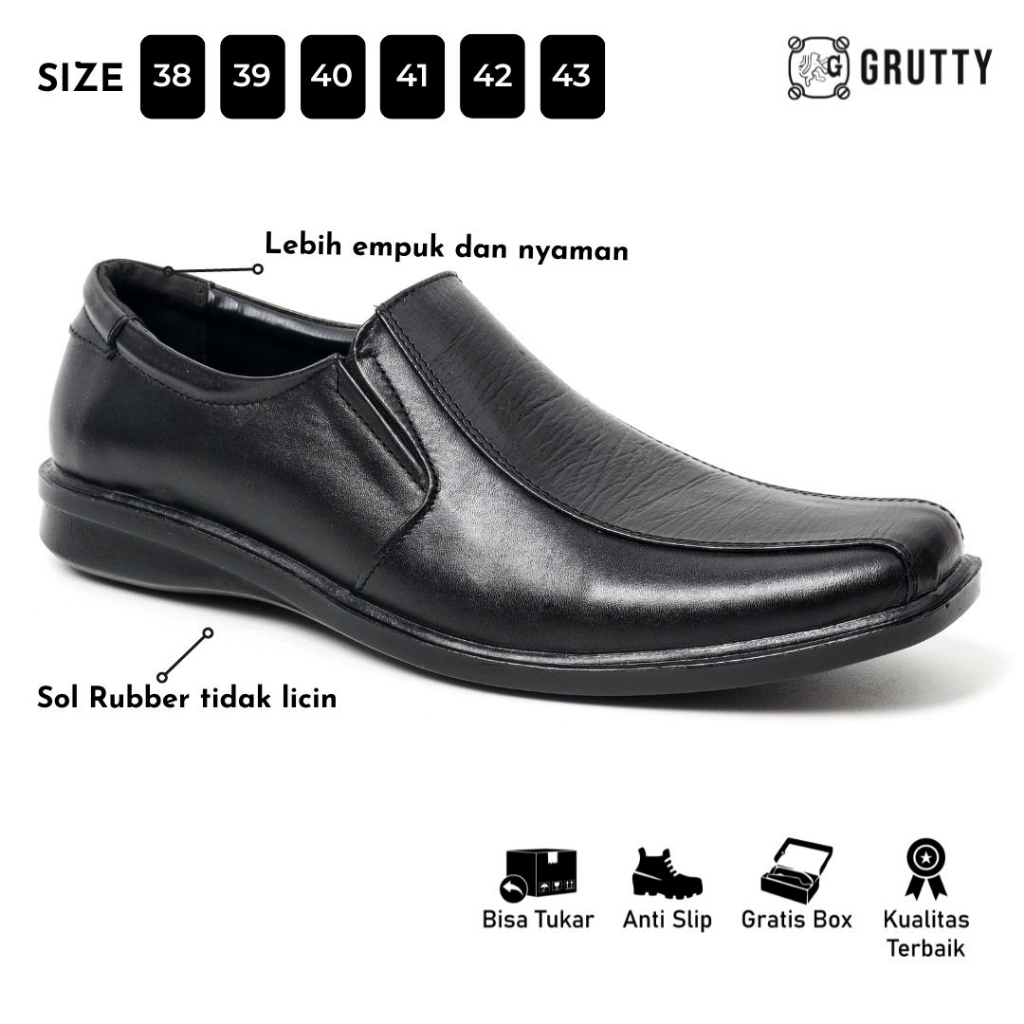 Sepatu Pantofel Pria Slip On Kulit Asli Formal Terbaru GRUTTY DC007 Hitam