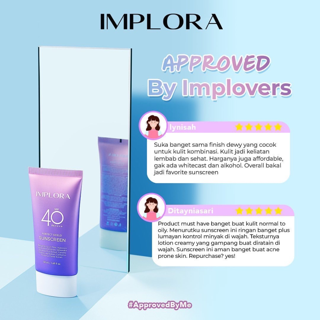 IMPLORA Perfect Shield Sunscreen SPF 40 PA++++ Indonesia / Sunblock Wajah 50ml / Sun Care Tabir Surya / UVA UVB Anti Blue Light Protection Protector Pelindung Sinar Matahari Kulit Wajah Tubuh / Sun Screen Sunblok / Skincare Face Body Care Gel Cream Serum