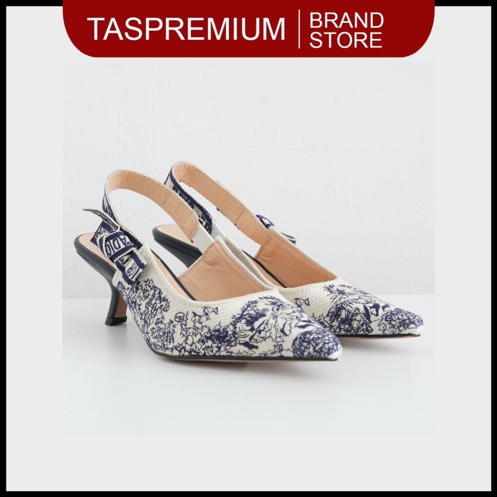 Sepatu Wanita Heel D 113 Navy Motif Bordir / By Tas Premium_id