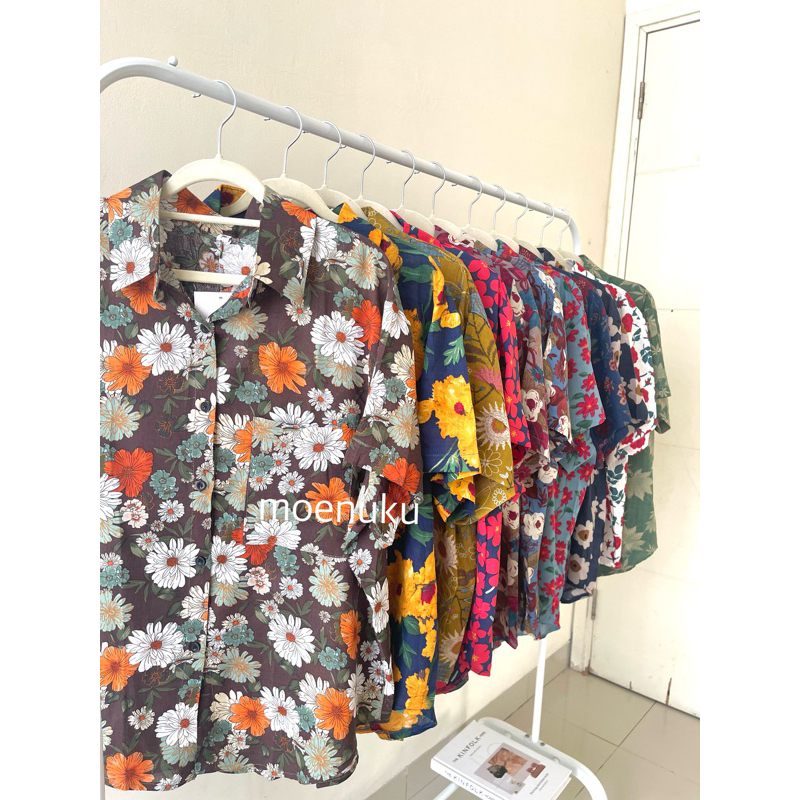 Kemeja oversize retro vintage bunga bunga lengan pendek korea style