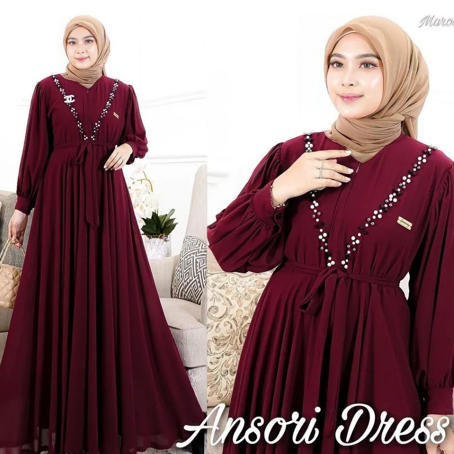 Ansori Dress Gamis Impor Terbaru 2023 / dress Bahan Ceruty Babydoll Aplikasi swaroski Mutiara Tali Pinggang Misah Dress Terbaru Muslim Kekinian Model Gamis Kondangan Lebaran Terbaik 2023