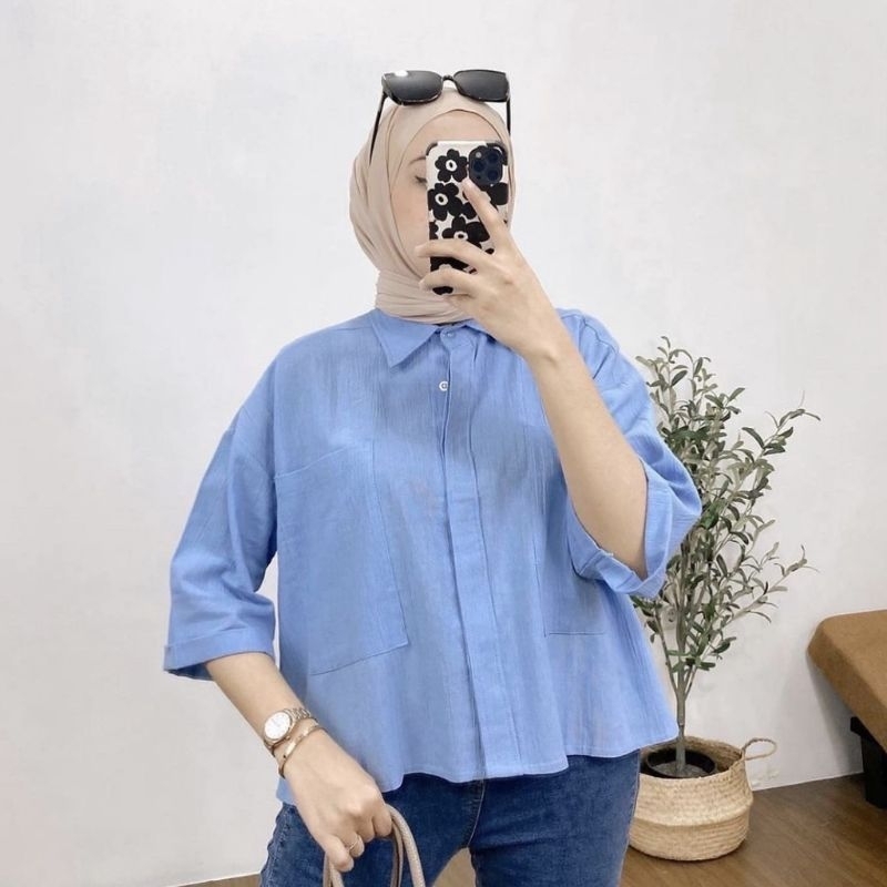 Ramona Atasan Blouse Kemeja Wanita Linen Crinkle Oversize