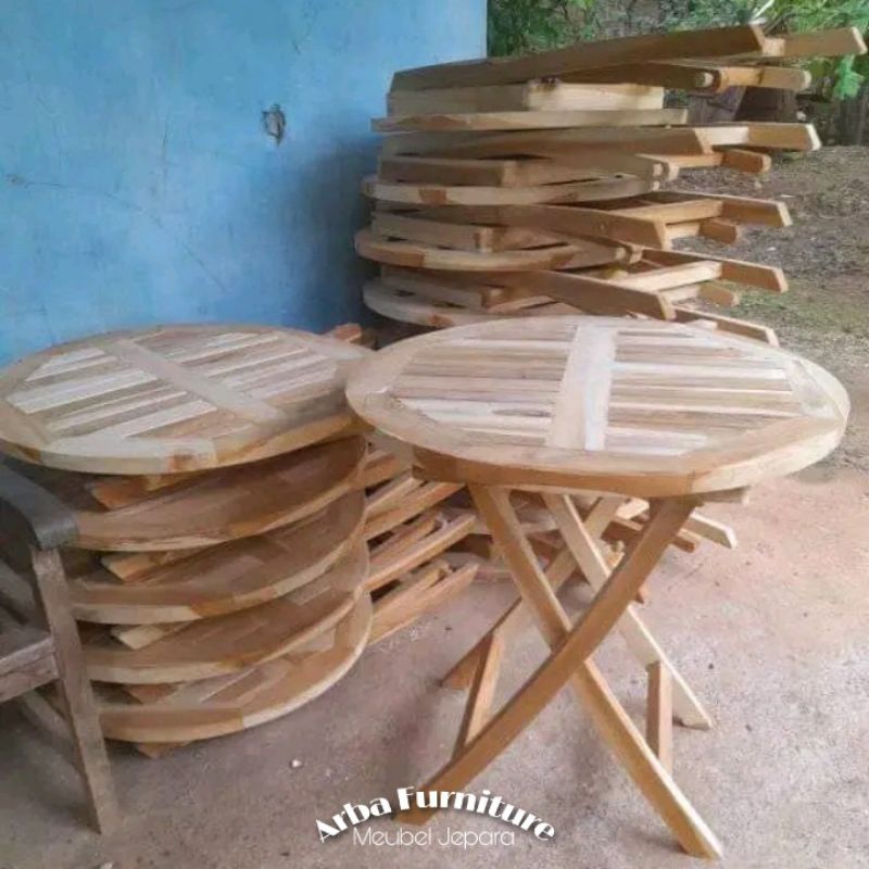 MEJA TERAS BUNDAR LIPAT/ MEJA TAMU LIPAT MINIMALIS KAYU JATI NON FINISHING