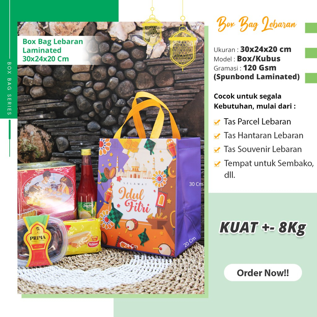 

Tas Parcel Lebaran Laminasi | Goodie Bag Lebaran Laminasi | Tas Bingkisan Lebaran | 30x24x20