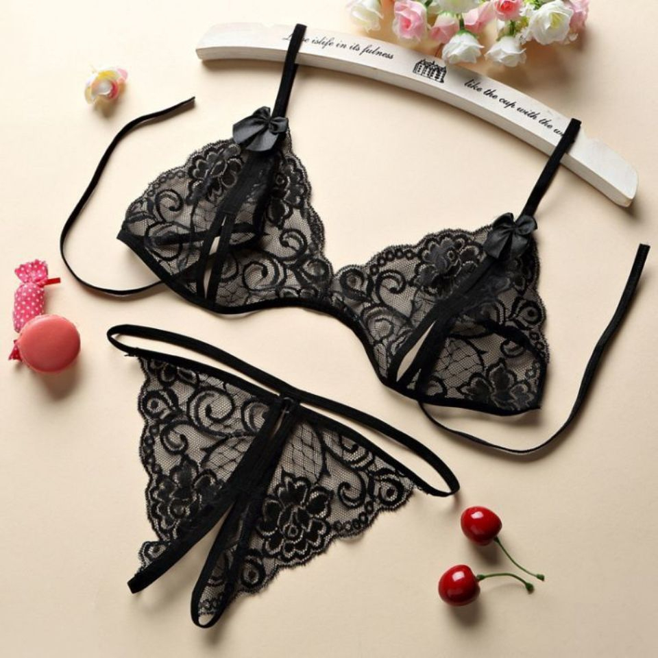 Smile Pakaian Dalam Wanita Korea Fashion Set Bra Lingerie G-String Bahan Lace Women Bra 3009-HITAM