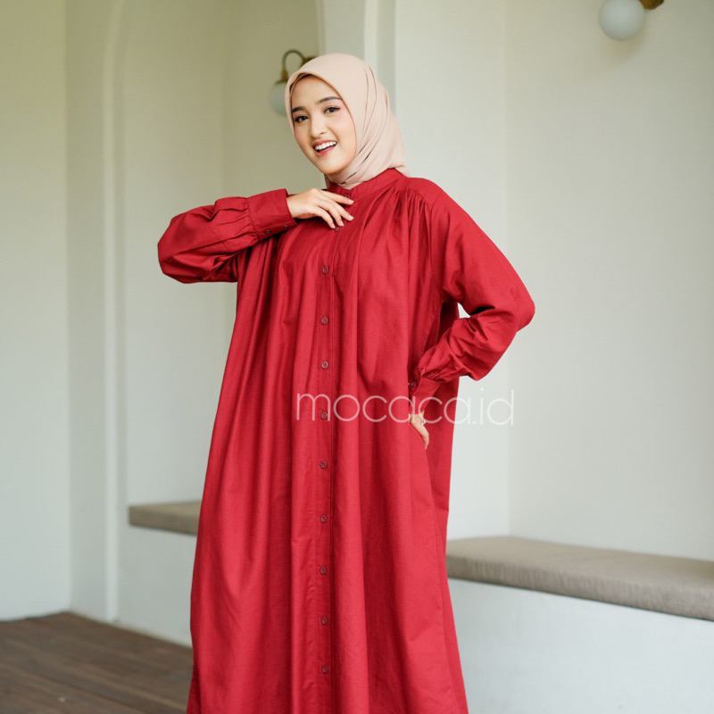 Dress gamis merah maroon Elegan Ootd Hijabers bahan katun linen rami lengan kancing casual klasik dovey