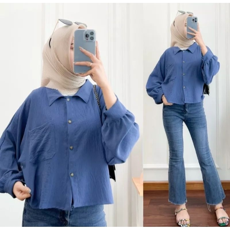 HANIN CROP ATASAN KEMEJA WANITA | KEMEJA CRINKLE AIRFLOW | BLOUSE OOTD REMAJA