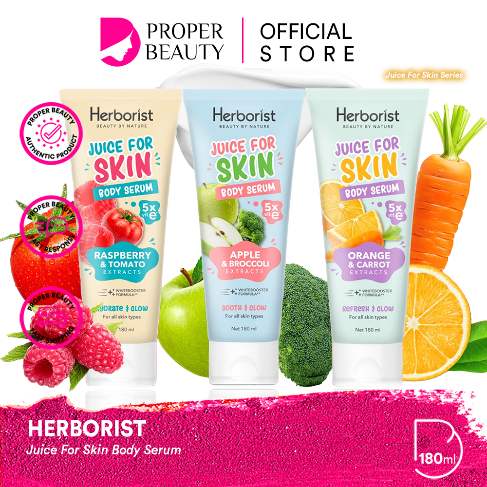 HERBORIST Juice For Skin Body Serum Indonesia / Serum Tubuh 180ml / 5X Vit E Whitebooster / Refresh Glow Sooth Hydrate / Orange Carrot Apple Broccoli Raspberry Tomato Extracts / Skincare Care Badan / Face Exfoliating Gel Mineral Scrub Lotion Series Paket