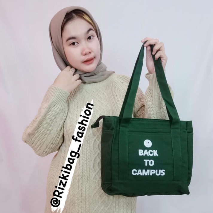 Totebag Wanita Kanvas Aesthestic Resleting Back To Campus Kuliah