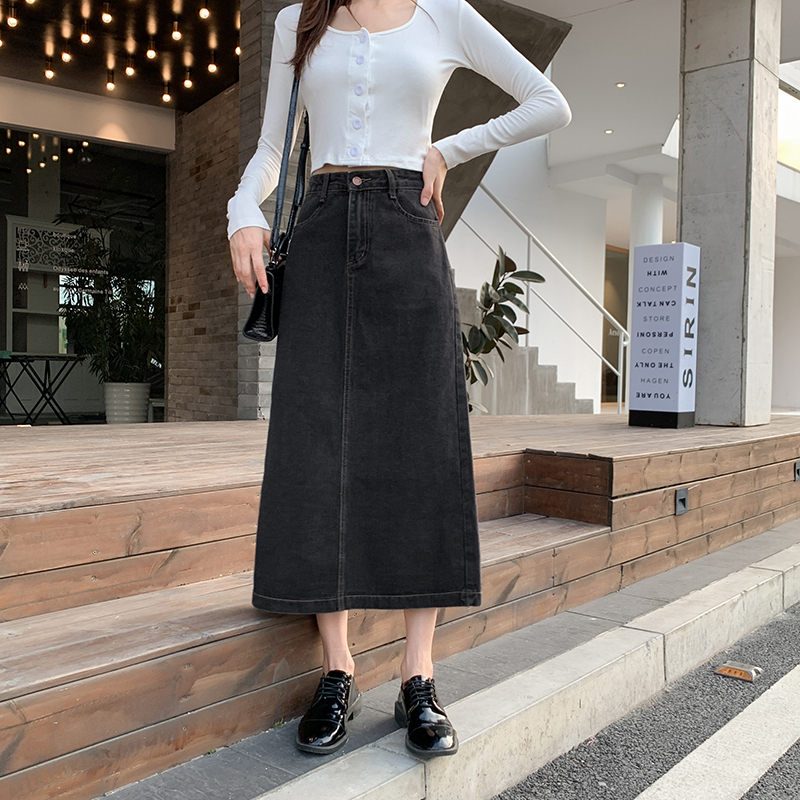 Kelabu hitam A-Line Rok Jeans Wanita Highwaist Rok Jeans Wanita Kembali Split