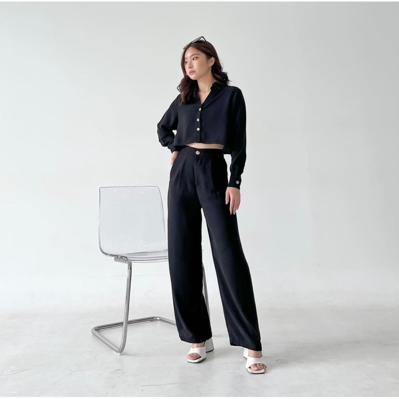 ELISA 2 IN 1 SET - SETELAN WANITA CROP BUSUI FRIENDLY KOREA ( LONG PANTS ) - PAKAIAN WANITA KANTORAN POLOS - HADIAH / KADO ULTAH CEWEK