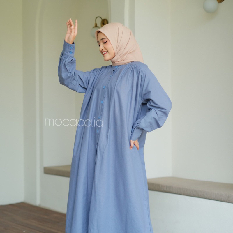 Dress gamis blue denim biru Elegan Ootd Hijabers bahan katun linen rami lengan kancing casual klasik dovey