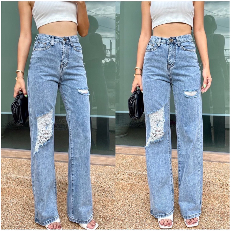 Celana Panjang Boyfriend Jeans Wanita | Celana Highwaist Jeans | Boyfriend Loose Ripped Salbila HOPYLOVY