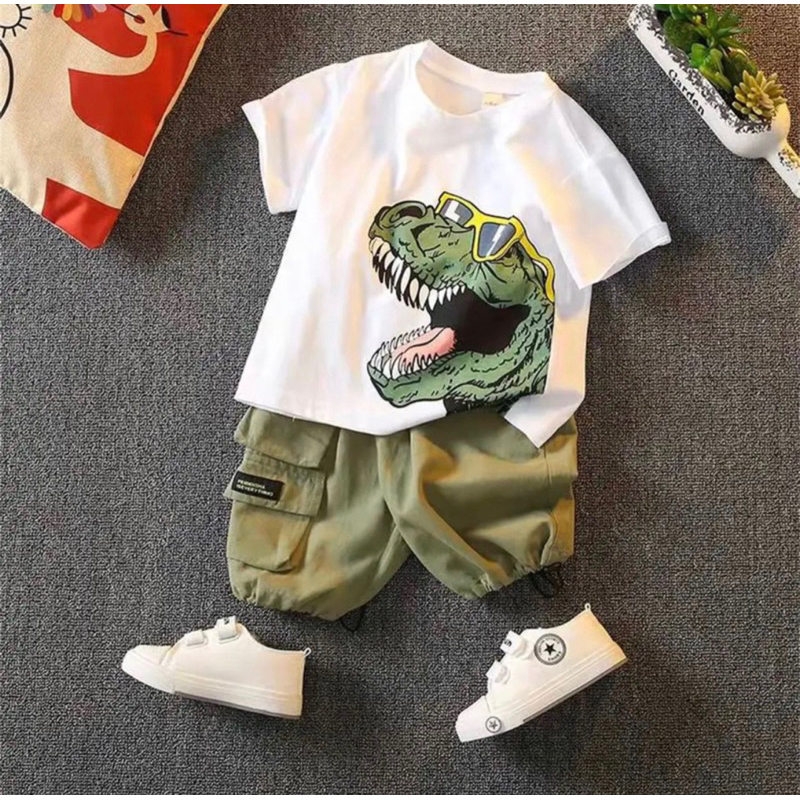 CELANA ANAK DAN BAJU ANAK SETELAN ANAK BERGAMBAR DINO 1-5 TAHUN GROSIR